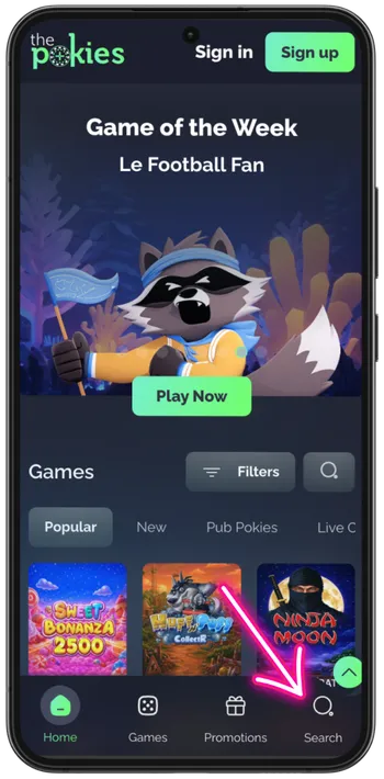 Using the search icon on Thepokies 115 platform